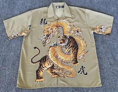Moon Shirt Dragon Tiger Beige Short Sleeve Y2K Hip Hop Rap MMA XL - Image 1 of 4