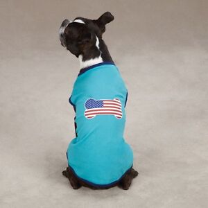All American DOG Puppy Patriotic Flag Bone Tee T-Shirt Aqua July 4th S/M L XL