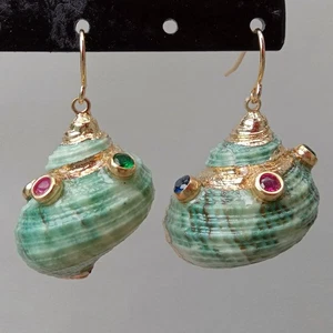 Sea shell Spiral Green Cz pave Gold Plated Dangle Hook Earrings - Picture 1 of 7