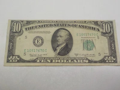 RARE 1950 C $10 DOLLAR BILL E10517670C ERROR UPSIDE DOWN FLAG, OFF CENTER PRINT - Image 1 of 4