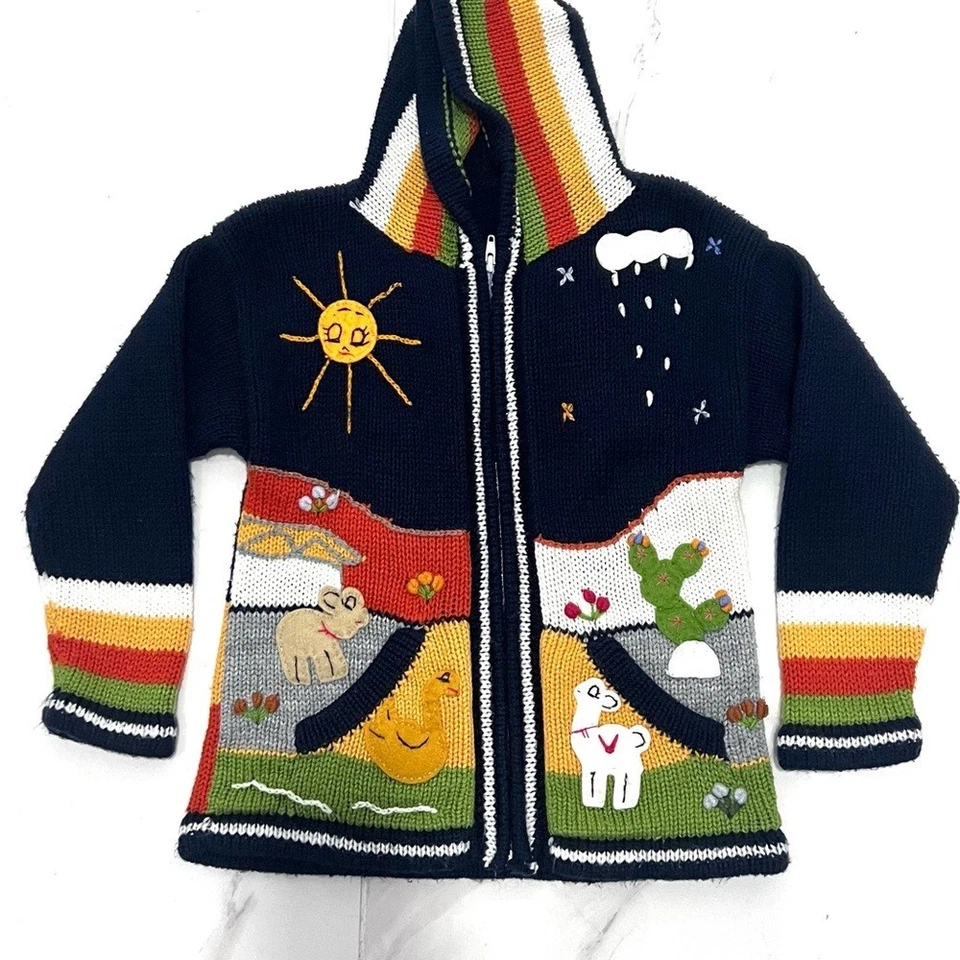 Kuyay Colorful Knit Hooded Sweater with Animal Design - Image 1 of 4