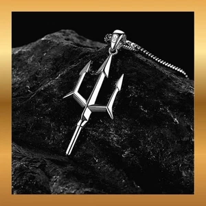 Poseidon Ukraine Trident Pendant Necklace Stainless Steel 60 cm Wheat Chain - Picture 1 of 7