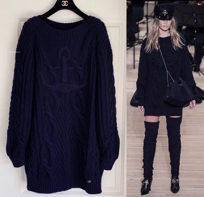 VESTIDO SUÉTER CHANEL 18A HAMBURGO AZUL MARINO LANA CACHEMIR TEJIDO CABLE 38 Foto 1 de 4