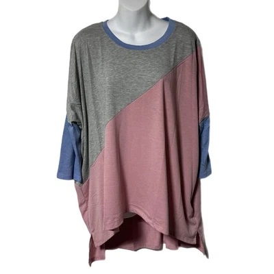 Umgee Colorblock Oversized Tunic Top Gray Pink Blue Asymmetrical Hem NWT S - Image 1 of 4