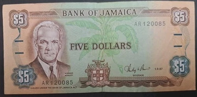 1987 Jamaica 5 Dollars P70b  AR120085. - Image 1 of 2