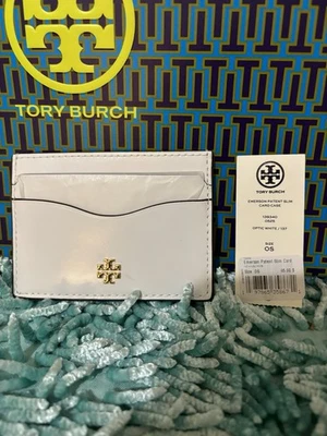 Auténtico estuche delgado para tarjetas Tory Burch Emerson charol blanco Foto 1 de 3