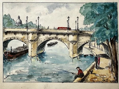 Watercolor Ink Painting Paris France River Scene A Quai on the Seine Fisherman - Image 1 of 4