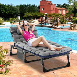 NAIZEA Folding Reclining Patio Lounge Chair Bed Camping Cot w/Gray Mat Pillow - Picture 1 of 12