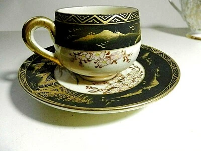 Satsuma SOKO Hand Painted Gold Scenes on Black Rim Demitasse Cup & Saucer JAPAN - Image 1 of 4