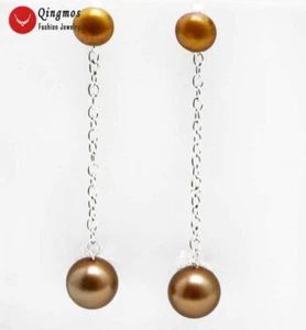 7-8mm Round Brown Pearl Earring for Women 12mm Sea Shell Pearl Dangle Earring - Picture 1 of 8