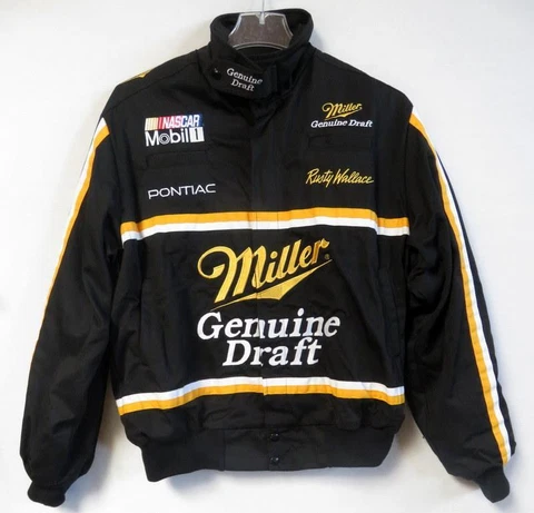 Men’s Black Rusty Wallace NASCAR Miller Genuine Draft Jacket Sz L Excellent Cond Cover