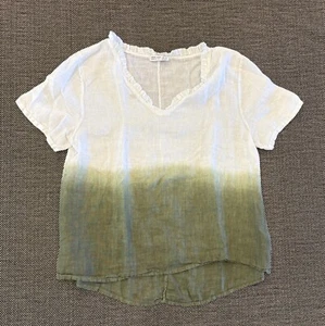 100% Lino Shirt Women L White Dip Dye Green Short Sleeve Linen Top Made in Italy - Picture 1 of 7