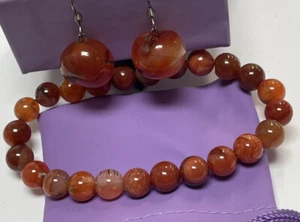 STAINLESS STEEL RED DRAGON AGATE GEMSTONE EARRINGS & STRETCH BRACELET SET - Picture 1 of 4