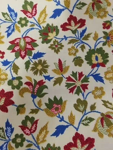 1 1/3 Yard Vintage Cotton Fabric Textured Cream Blue Red Green Material 48" Wide - Picture 1 of 5