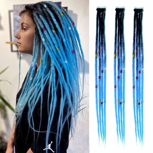 24" Colorful Clip In Dreadlocks Extensions Thin Soft Dreads Locs w/ Dreads Beads - Picture 1 of 45