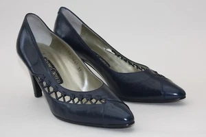 Roland Cartier Vintage 1980s Court Shoe Dark Blue Leather Mid Heel UK 4 EU 37 - Picture 1 of 12