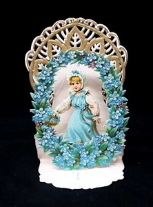 Early 1900's Fold Down-Die-Cut Card Dutch Girl, Forget-Me-Nots Gold Trim - Picture 1 of 5