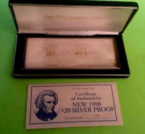 1998 Washington Mint 20 Dollar Silver Proof Note 4oz .999 Silver W/Box&COA #193 - Picture 1 of 9