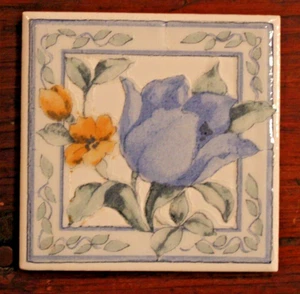 Bella piastrella vintage floreale blu giallo fiori disegno floreale marcato - Foto 1 di 10