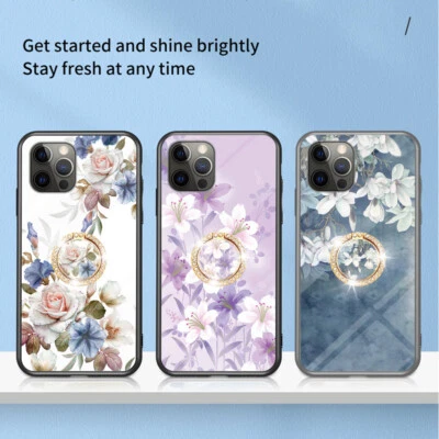 Funda con soporte de anillo de diamantes con patrón de flores para iPhone 13 Pro Max 12 11 XS XR 7 8 6s Foto 1 de 4