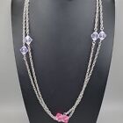 Vintage Sarah Coventry Pink & Purple Acrylic Rhinestone Station Necklace Silver