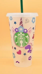 Starbucks Reusable Custom Vinyl Iridescent Glitter Unicorn Lovers Cold Cup 24 oz - Picture 1 of 4