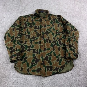 VINTAGE Woolrich Shirt Mens Large Green Camo Wool Duck Frog Skin Flannel Hunting - Picture 1 of 8