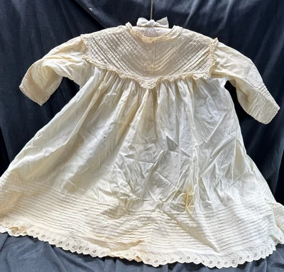 linen Antique White christening child Doll Dress Pin Tuck Handmade Lace - Image 1 of 4