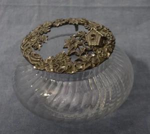 Clear Ribbed Glass Potpourri Dish w/ Metal Cover Lid Birdhouse & Floral Design - Picture 1 of 2