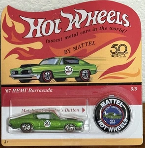 2018 Hot Wheels 50th Anniversary 67 HEMI Barracuda Red Line Tires Plus Button - Bild 1 von 3