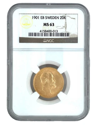 1901 EB GOLD SWEDEN 20 KRONOR 8.96 GRAMS OSCAR II COIN NGC MS 63 Graded - Image 1 of 4
