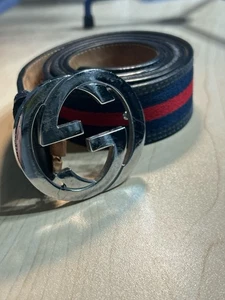 Gucci Authentic 114984 Men Belt Interlocking G Stripe Leather Canvas Navy Red - Picture 1 of 13