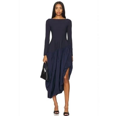 Vestido midi Simkhai Angela cetim com nervuras malha p - azul marinho novo - Imagem 1 de 4