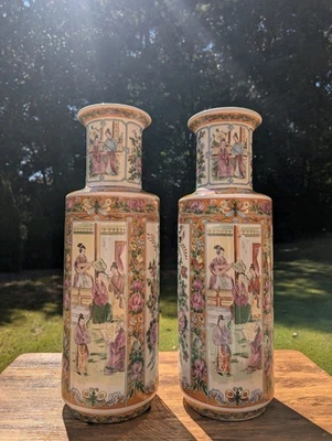 2 jarrones grandes de estilo cantonés chino, figura, flor, pájaro y escena de patio Foto 1 de 4