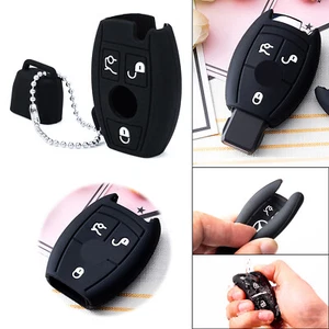 Black Soft Silicone Full Cover Smart Key Fob Holder w/ Chain for Mercedes Benz - Picture 1 of 11