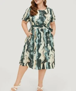 Bloomchic Water Ripple Pocket Belt Puff Sleeve Green Beige Dress 14 16 1X - Picture 1 of 5