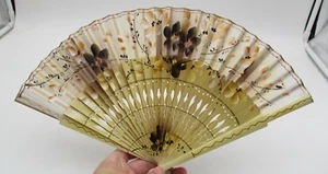 Ventaglio vintage a mano marrone orientale dettagliato con scatola - Foto 1 di 5