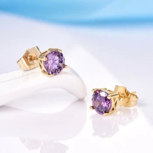Orecchini a perno minimalista pietra preziosa ametista viola naturale argento placcato oro 14k - Foto 1 di 3
