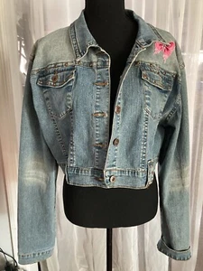 Apollo Y2K Cropped Women's Light Wash Metal Stud Denim Jacket 2XL PTP 21"X18"L - Picture 1 of 9