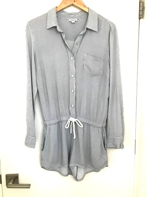 Splendid Sz Med Navy &White Stripe Shorts Romper Drawstring Waist Long Sleeves - Image 1 of 4
