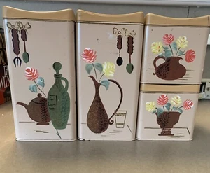 Vintage Ransburg 4 piece metal canister set flowers and vase beige - Picture 1 of 4