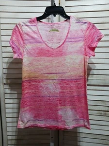 Camisa pulóver ligera Earth Yoga para mujer talla XL rosa a rayas manga corta  - Imagen 1 de 10