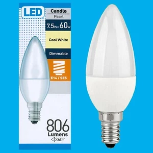 1x 7.5W (=60W) Dimmable Pearl LED Candle, SES E14, Cool White 4000K, Light Bulb - Picture 1 of 2