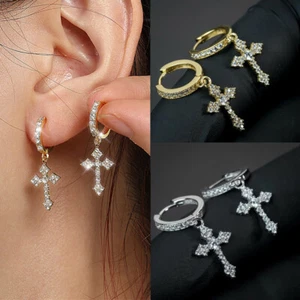 Cross Hoop Earrings Cubic Zirconia Hinged Dangler Gold Silver For Women Men Gift - Picture 1 of 14