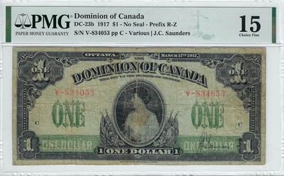 1917  Dominion of Canada DC-23b, $1  Ser# V-834053  PMG F-15 - Image 1 of 2