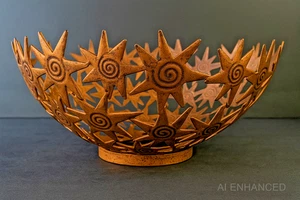 Tobin James Cellars Open Sunburst Stars Metal Bowl Antique Copper Finish 10 in - Picture 1 of 13