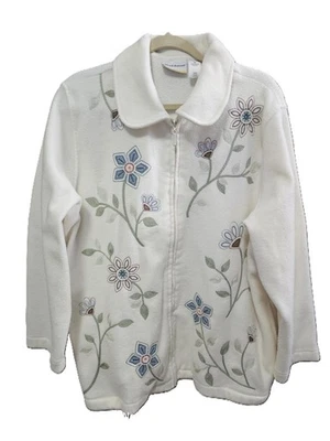 Alfred Dunner 2X Fleece Jacket  Ivory Embroidered  Beaded Collar Zip-Up Pockets - Image 1 of 4
