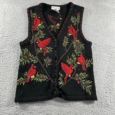 VINTAGE Knit Christmas Sweater Womens Small (4/6) Black Cardinals Birds Granny - Image 1 of 4