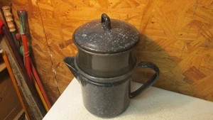 Alte dunkelblau gesprenkelte Granitgeschirr Herdplatte Tropf Kaffeekanne - Bild 1 von 3