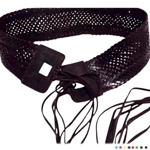 Y2K Bohemian Wide Leather Woven Hip Belt W/ Fringe, Black, Handmade in NYC, NEW - Picture 1 of 4